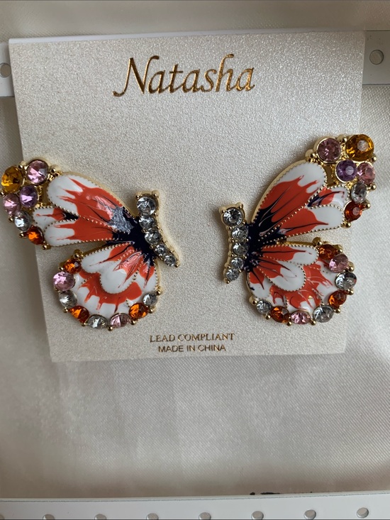 Natasha Couture Jewelry - Natasha Couture Orange, White & Pink Butterfly Crystal Earrings